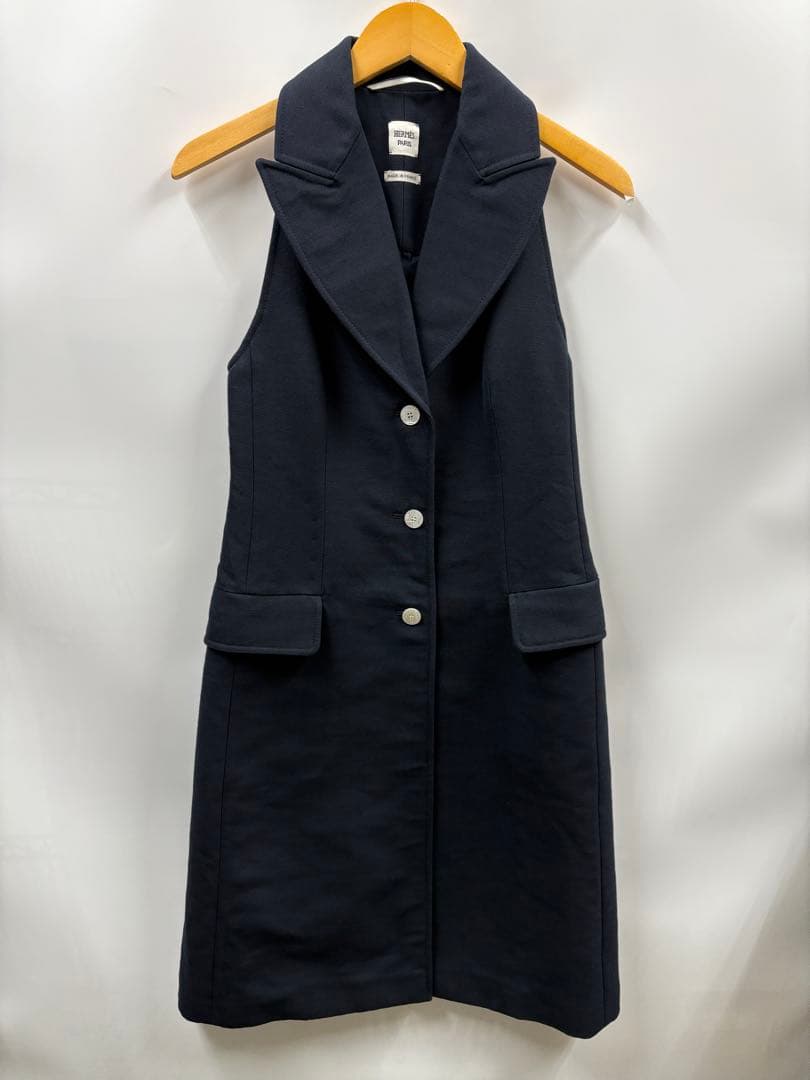 【N30】真贋済　HERMES エルメス　ジレ　ロングベスト　ネイビー　ウール