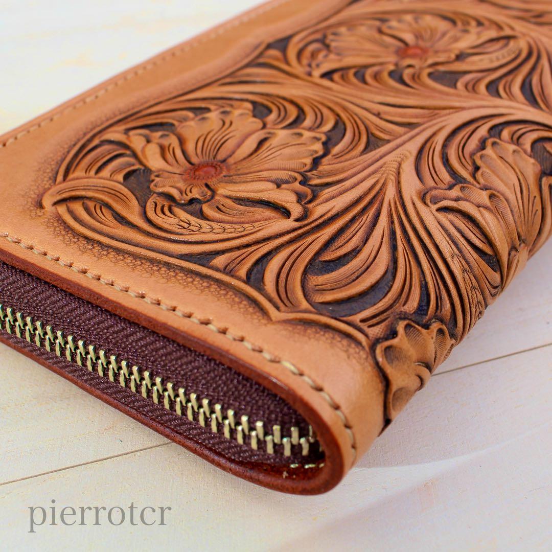カービングラウンドファスナー　長財布　レザーカービング　カービングウォレット