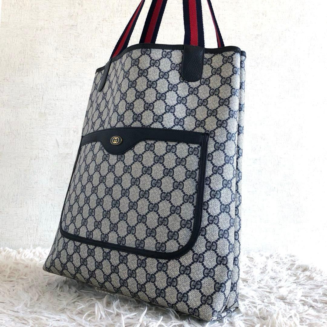 グッチ　トートバッグ　GG　PVCレザー　シェリーライン　ネイビー　ヴィンテージ