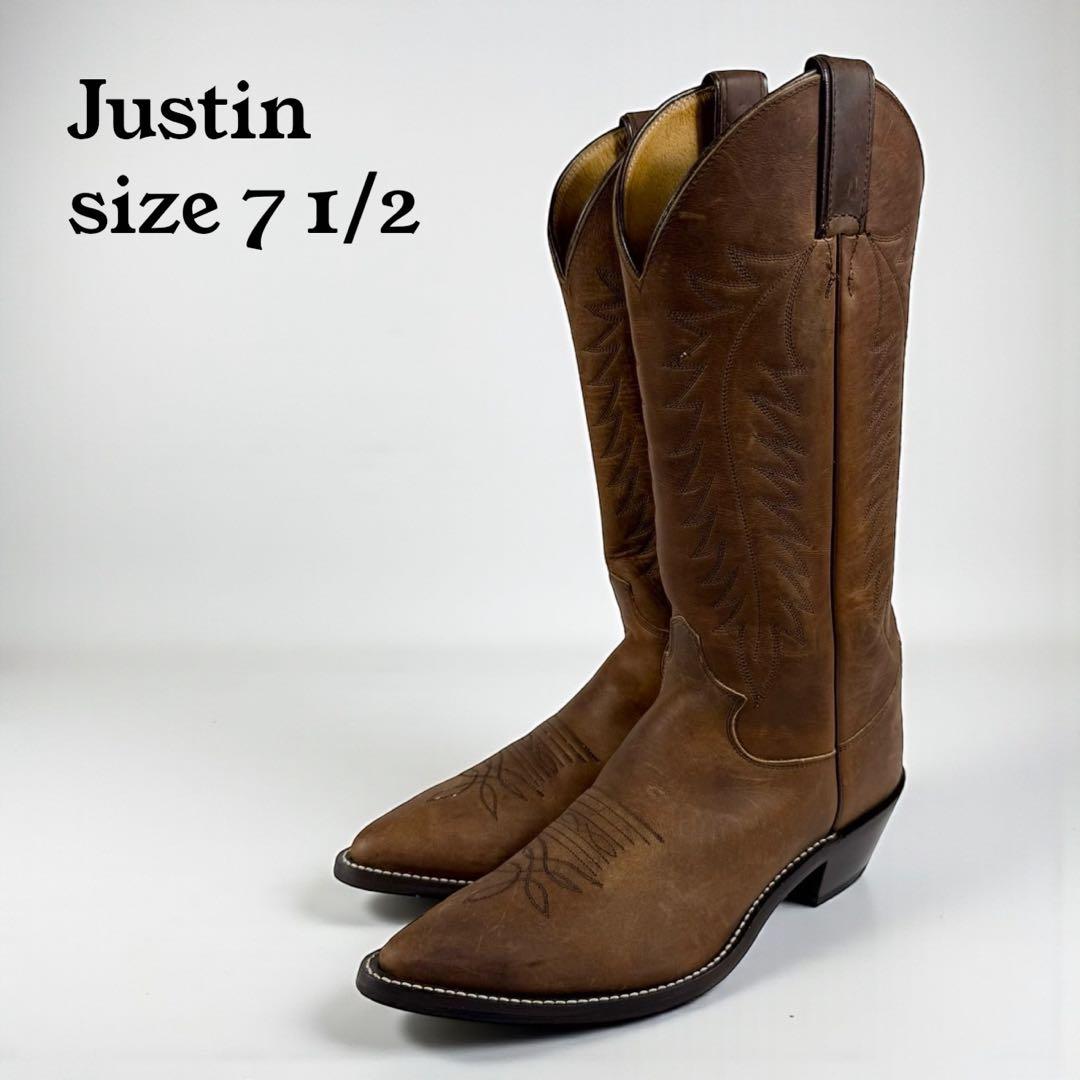 【美品】Justin ジャスティン ウエスタンブーツ（7,5）革靴　刺繍 茶