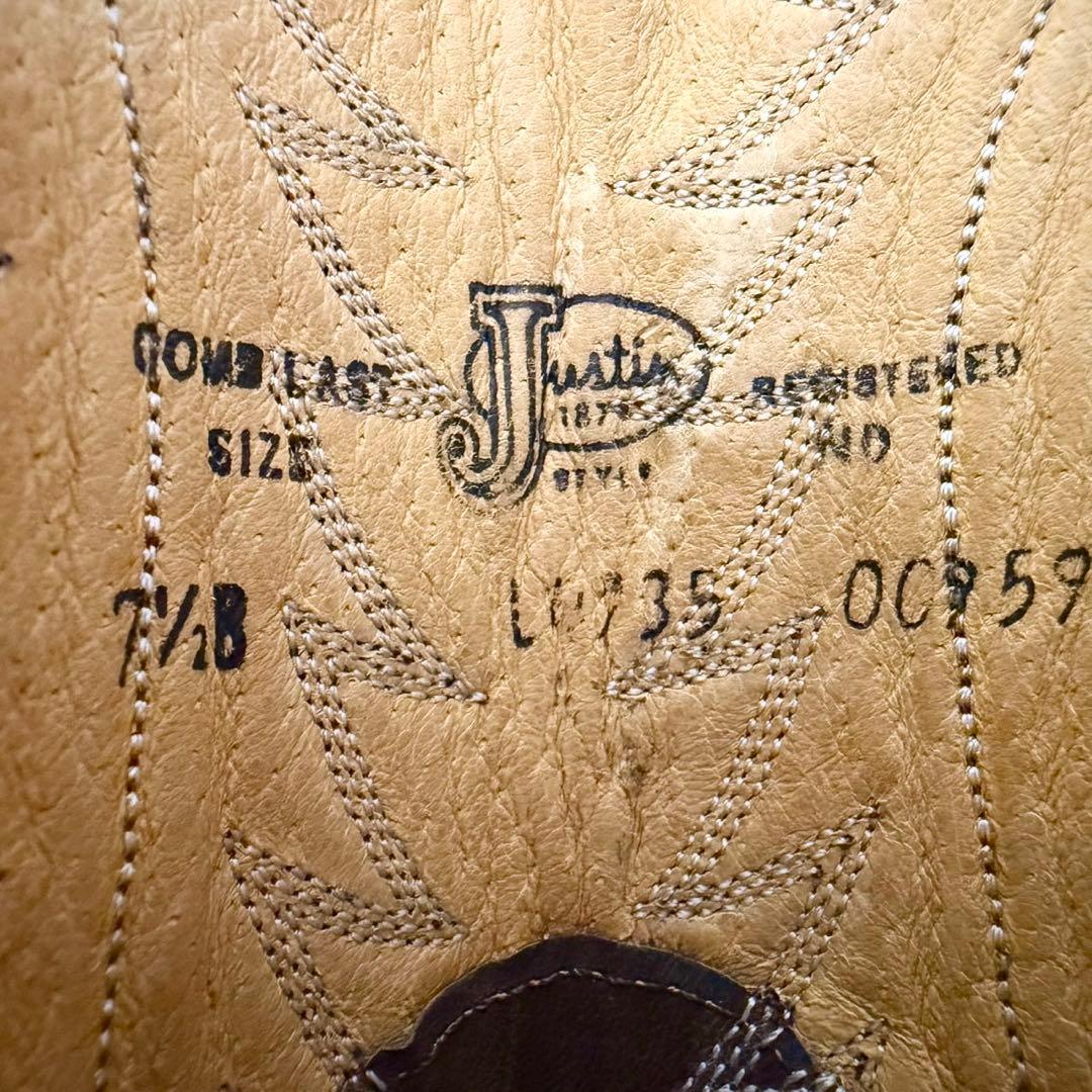 【美品】Justin ジャスティン ウエスタンブーツ（7,5）革靴　刺繍 茶