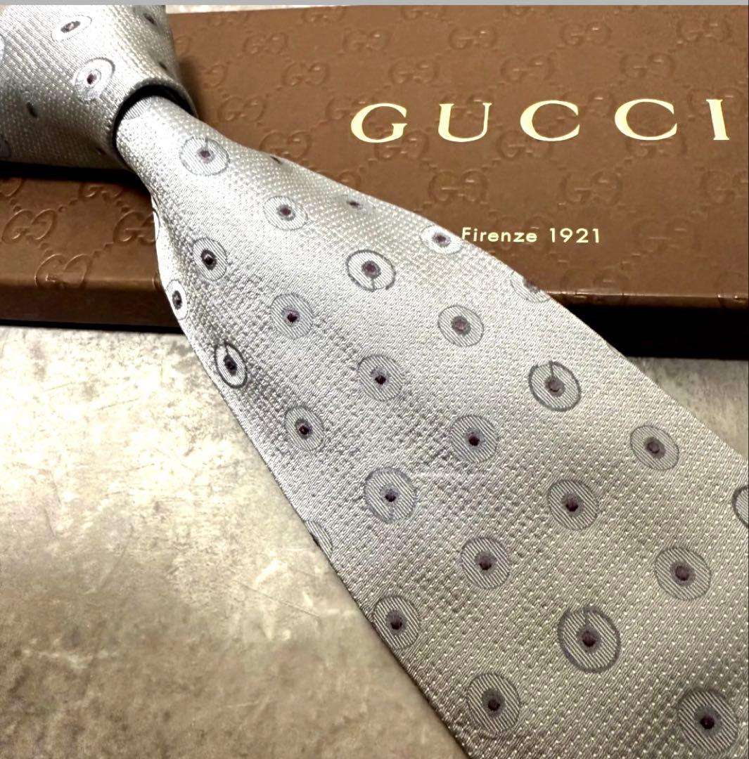 GUCCI グッチ ネクタイ グレー系 水玉模様 ハイブランド 結婚式 シルク