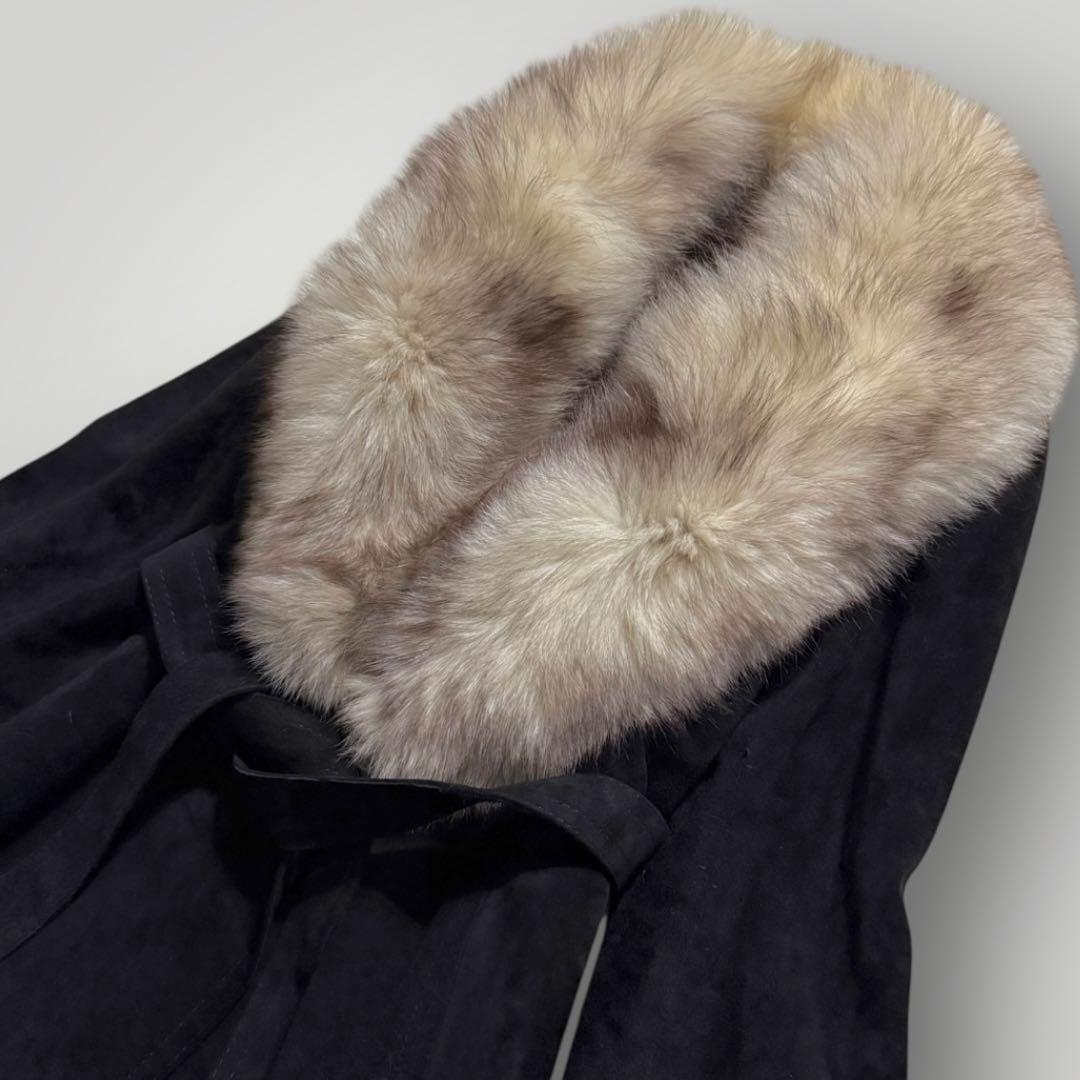 本毛皮☆フォックス リアルファー ベルテッドコート 羊革 スエード ブラック