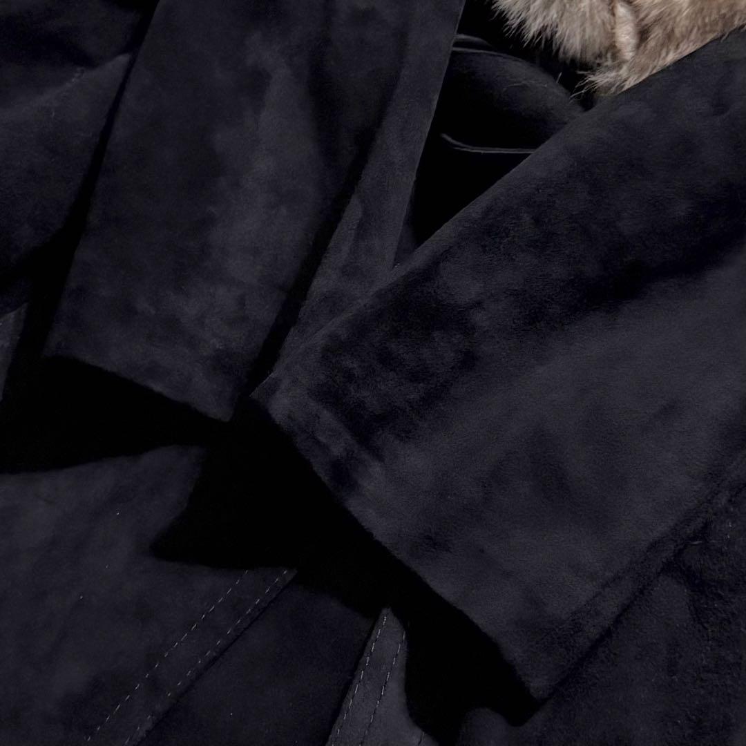 本毛皮☆フォックス リアルファー ベルテッドコート 羊革 スエード ブラック