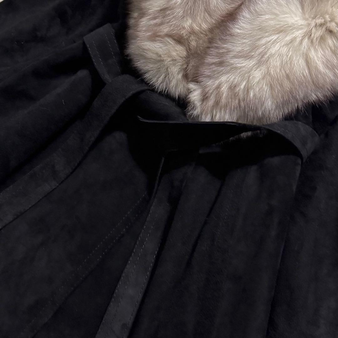 本毛皮☆フォックス リアルファー ベルテッドコート 羊革 スエード ブラック
