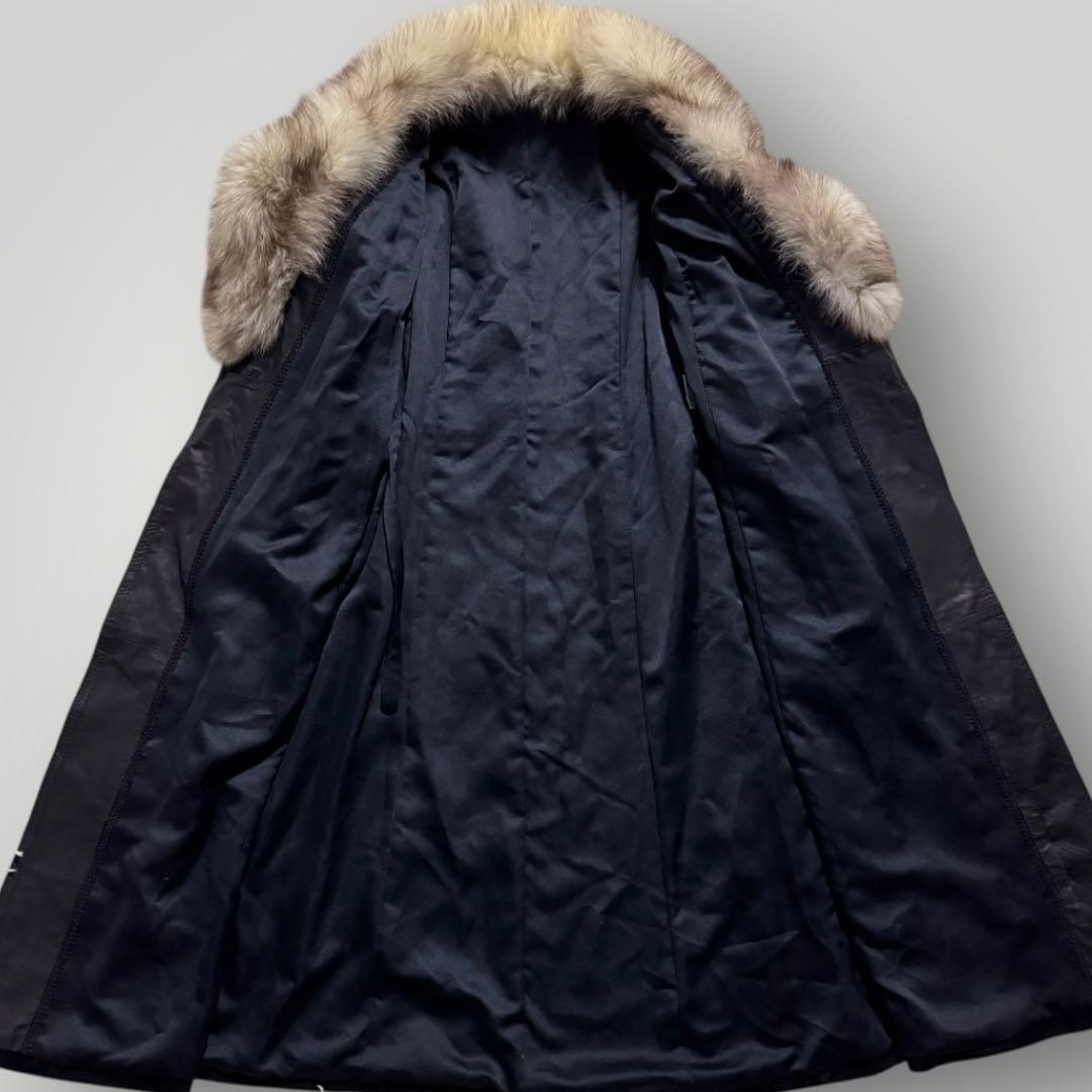 本毛皮☆フォックス リアルファー ベルテッドコート 羊革 スエード ブラック