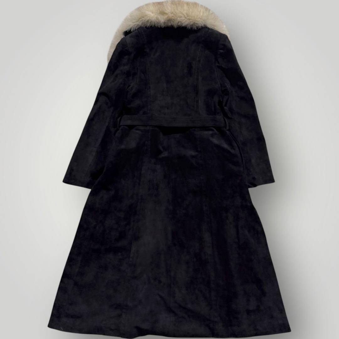 本毛皮☆フォックス リアルファー ベルテッドコート 羊革 スエード ブラック