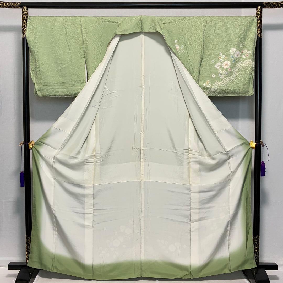 D244 訪問着　花模様　絞り　正絹　着物　袷　しつけ糸付き未使用極美品