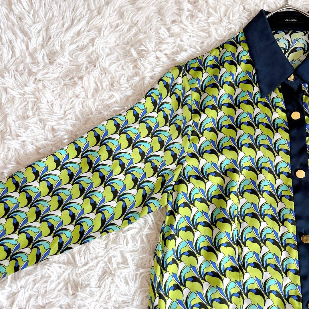 美品⁂アルアバイル⁂長袖シャツロングワンピース　リーフジオメトリック　総柄　M