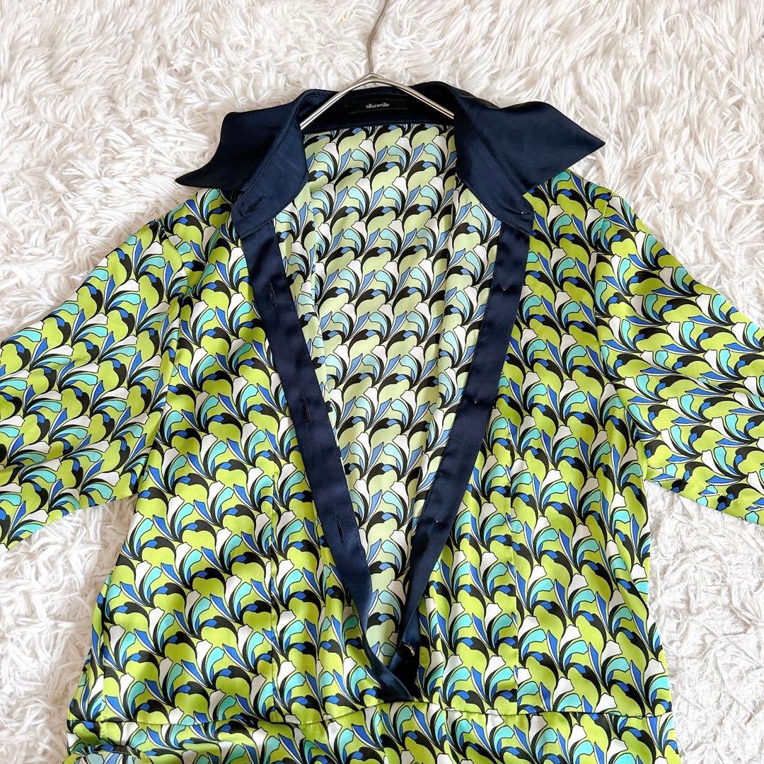 美品⁂アルアバイル⁂長袖シャツロングワンピース　リーフジオメトリック　総柄　M