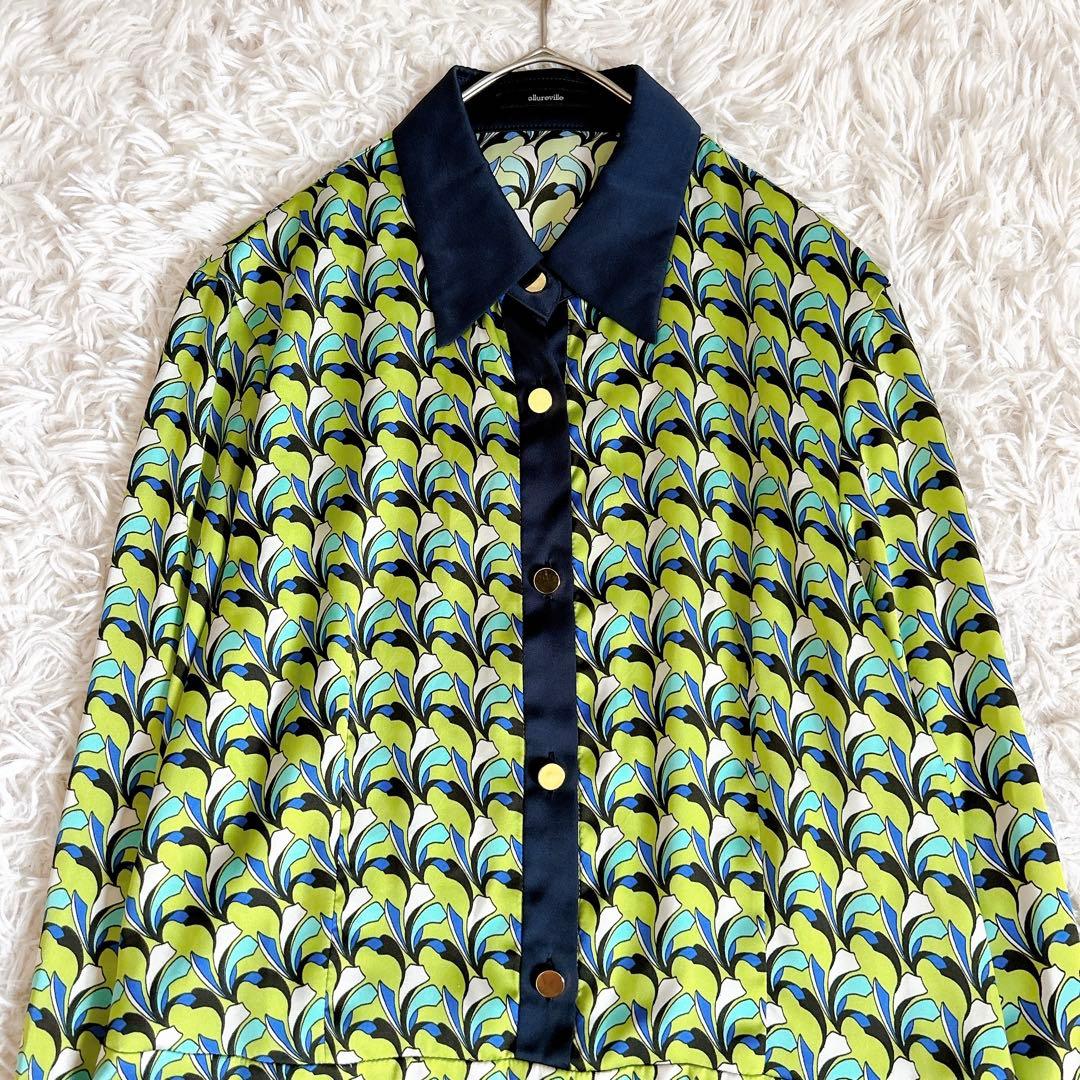 美品⁂アルアバイル⁂長袖シャツロングワンピース　リーフジオメトリック　総柄　M