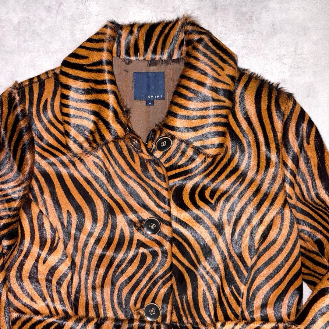 【美品】　SHIPS ゼブラ柄ハラココートリアルレザー　ファー　高級　希少M