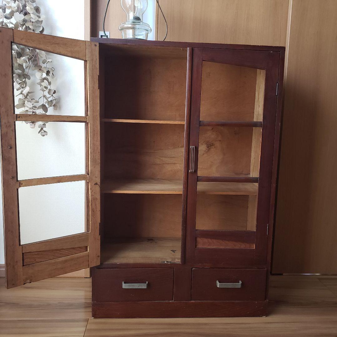 古い木製　ゆらゆらガラス　本棚　食器棚　収納棚　水屋箪笥　古家具