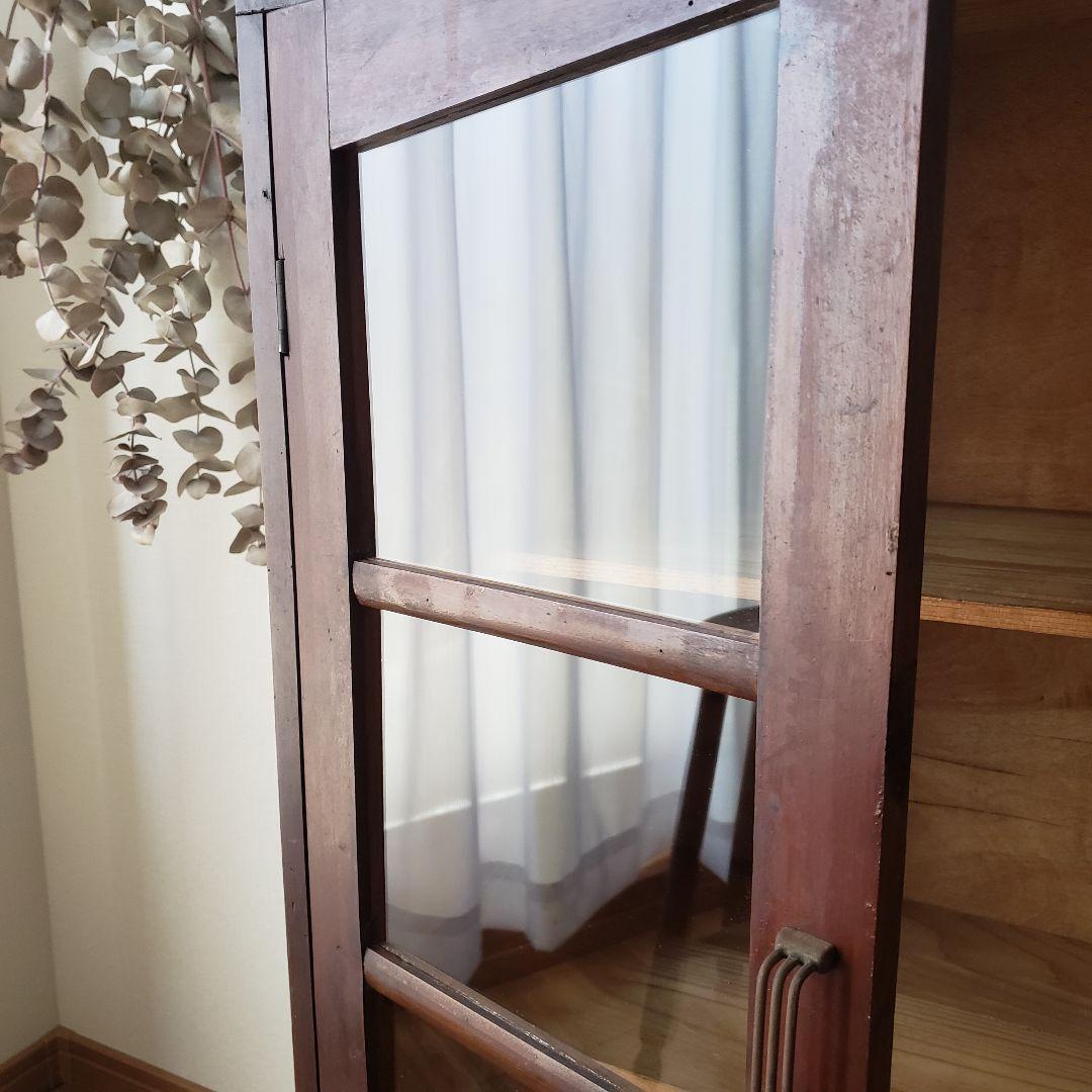 古い木製　ゆらゆらガラス　本棚　食器棚　収納棚　水屋箪笥　古家具