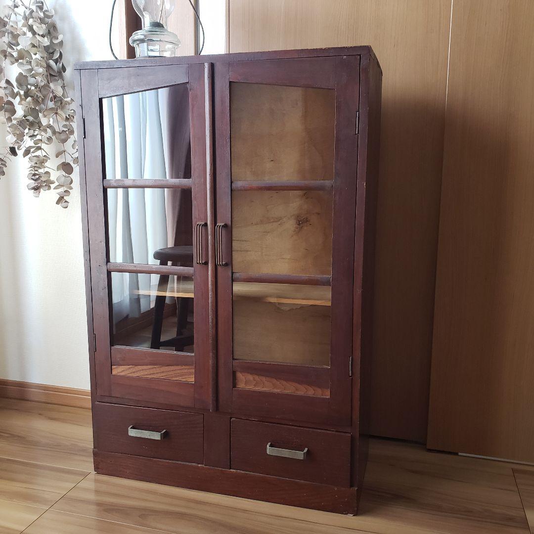 古い木製　ゆらゆらガラス　本棚　食器棚　収納棚　水屋箪笥　古家具