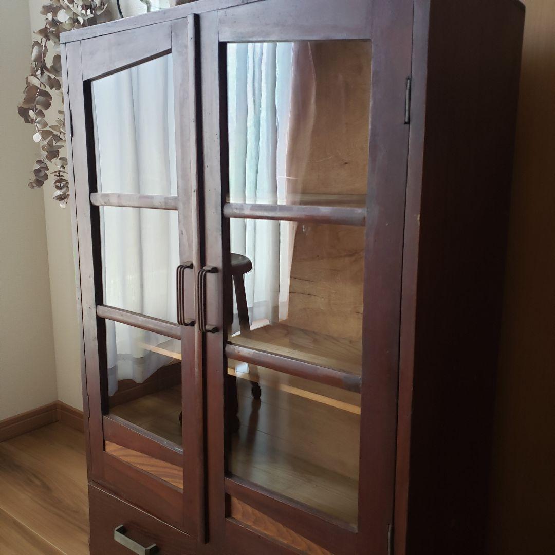 古い木製　ゆらゆらガラス　本棚　食器棚　収納棚　水屋箪笥　古家具