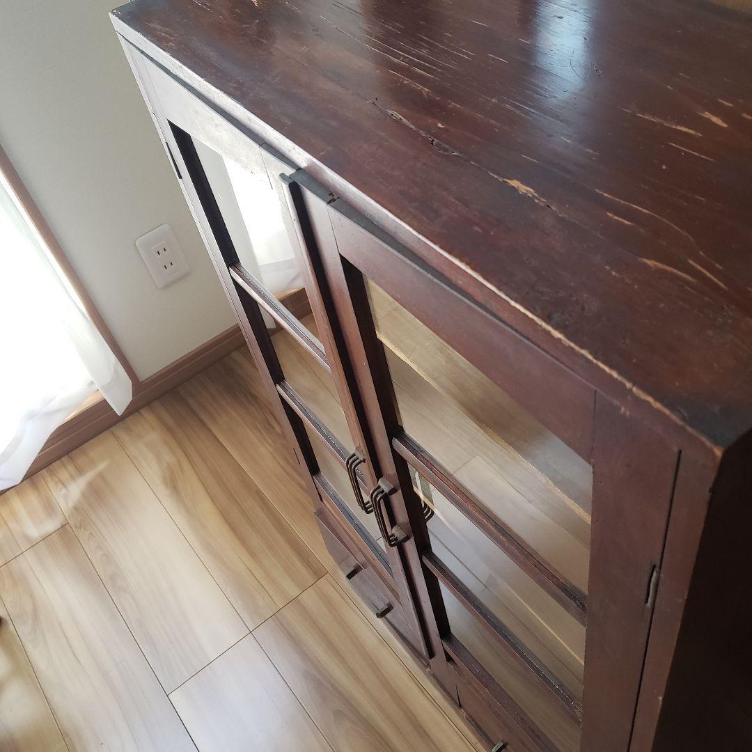 古い木製　ゆらゆらガラス　本棚　食器棚　収納棚　水屋箪笥　古家具