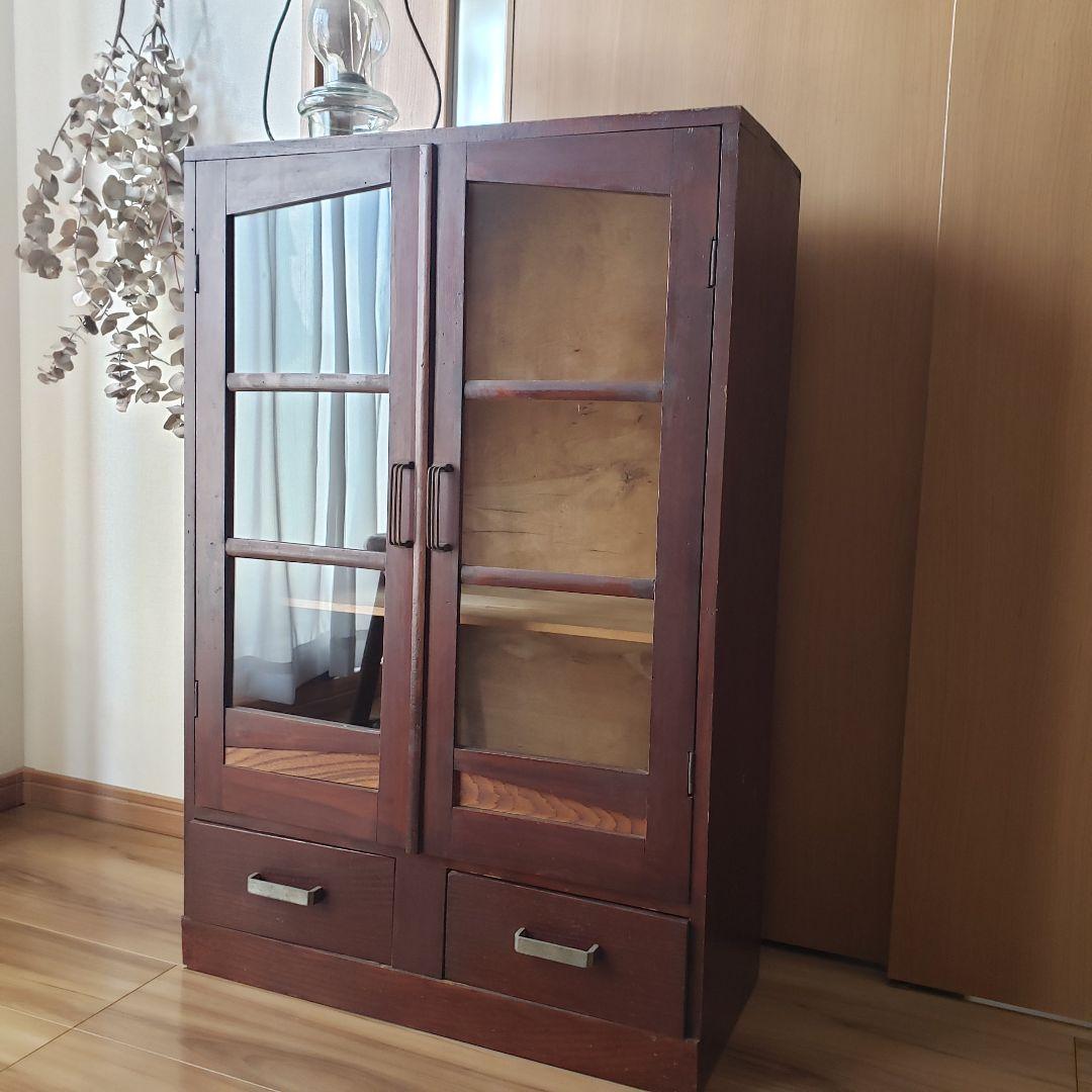 古い木製　ゆらゆらガラス　本棚　食器棚　収納棚　水屋箪笥　古家具