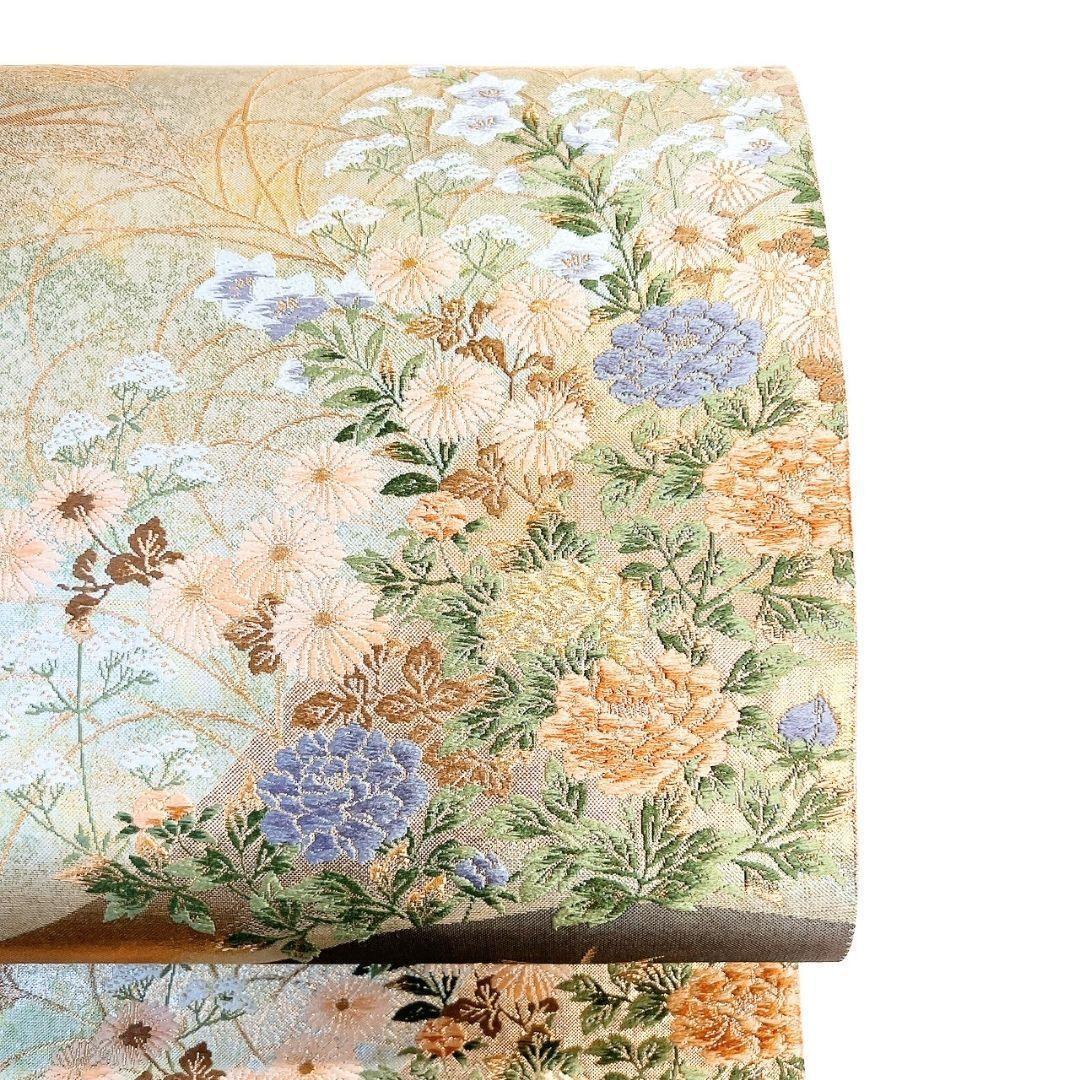 未着用　袋帯　菊花　牡丹　桔梗　ススキ　金糸　着物　123b p ms