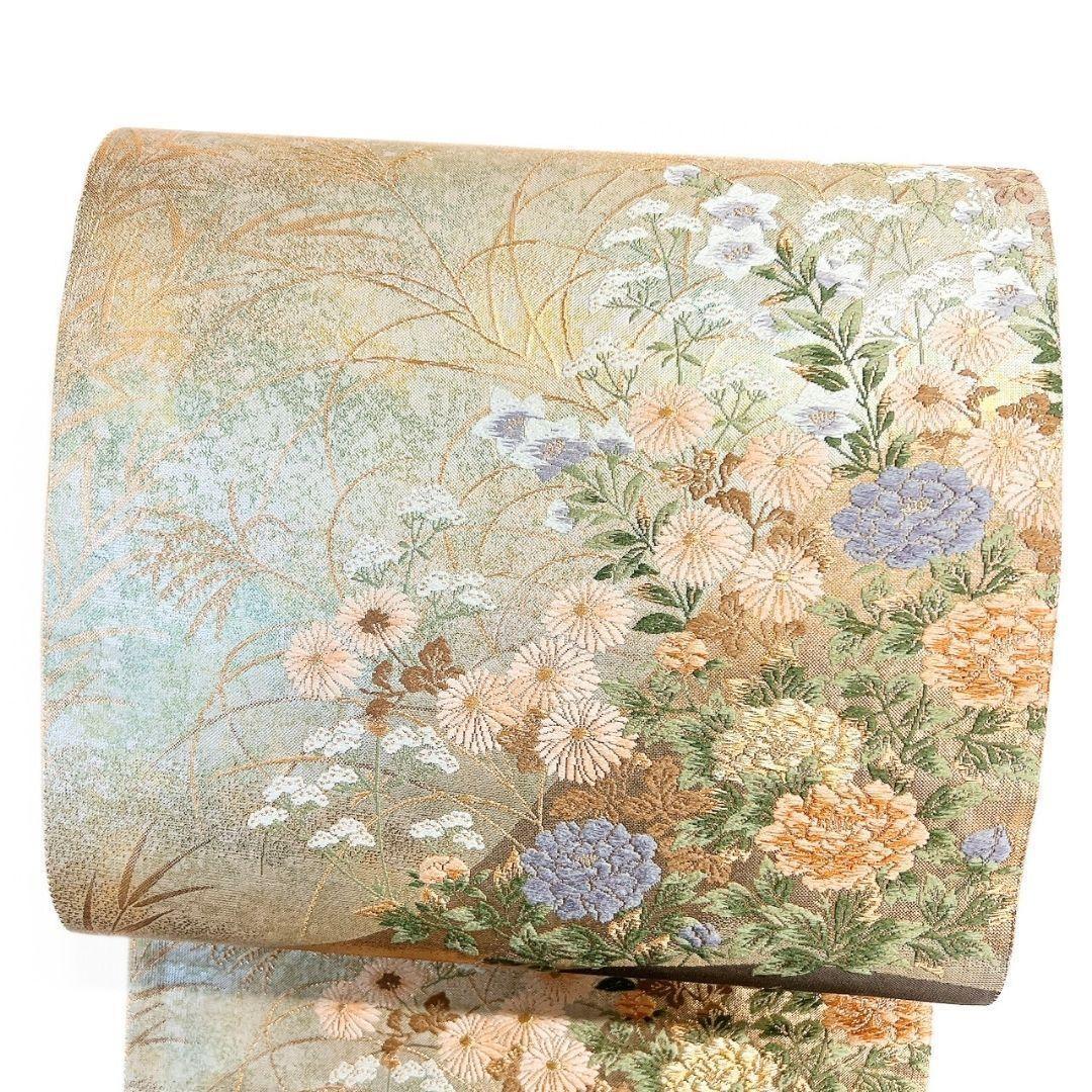 未着用　袋帯　菊花　牡丹　桔梗　ススキ　金糸　着物　123b p ms