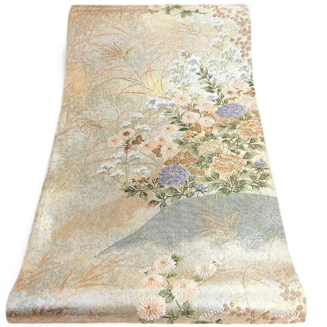 未着用　袋帯　菊花　牡丹　桔梗　ススキ　金糸　着物　123b p ms