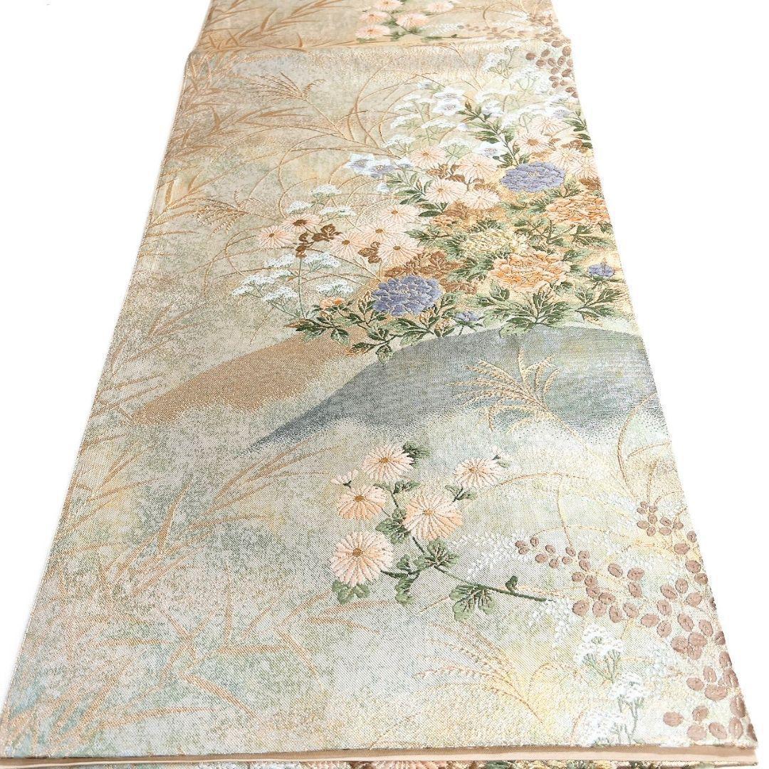 未着用　袋帯　菊花　牡丹　桔梗　ススキ　金糸　着物　123b p ms