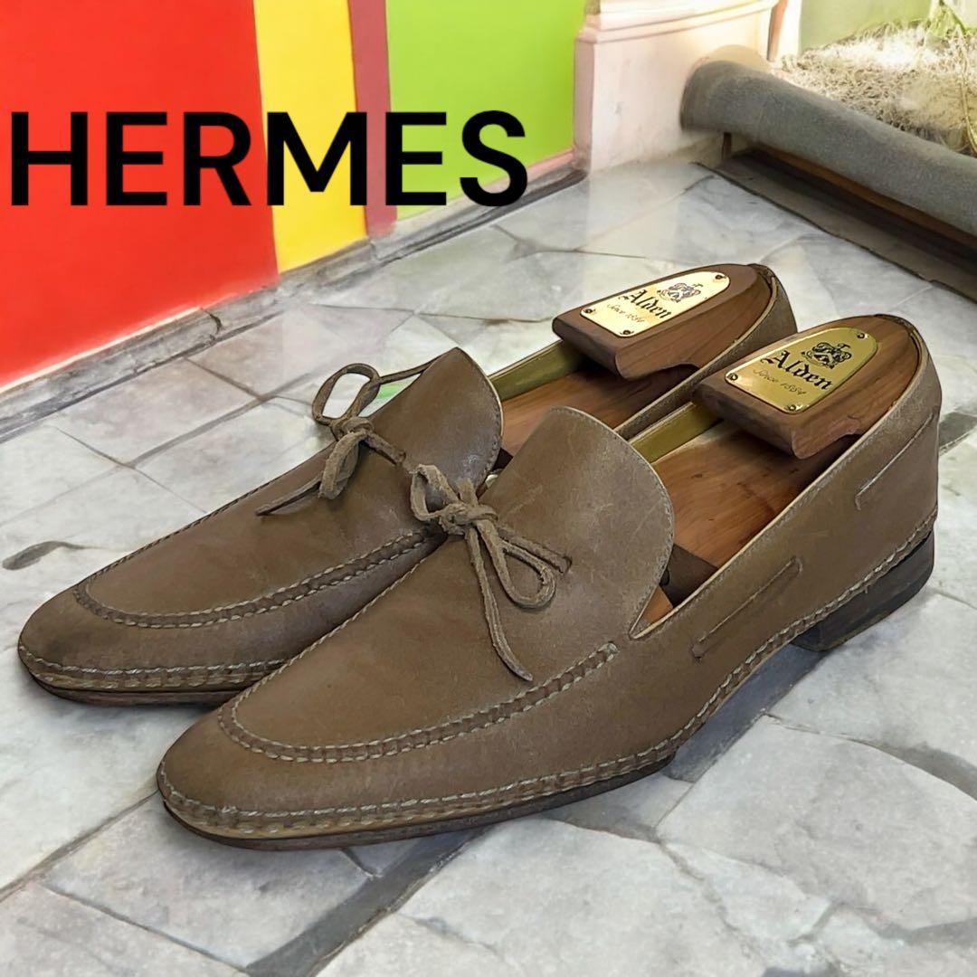 阿呆鳥HERMESスムースレザードライビングシューズ　サンドベージュ　40