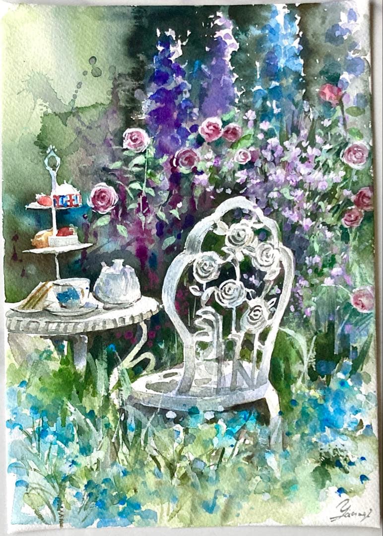 水彩画 原画 庭にて