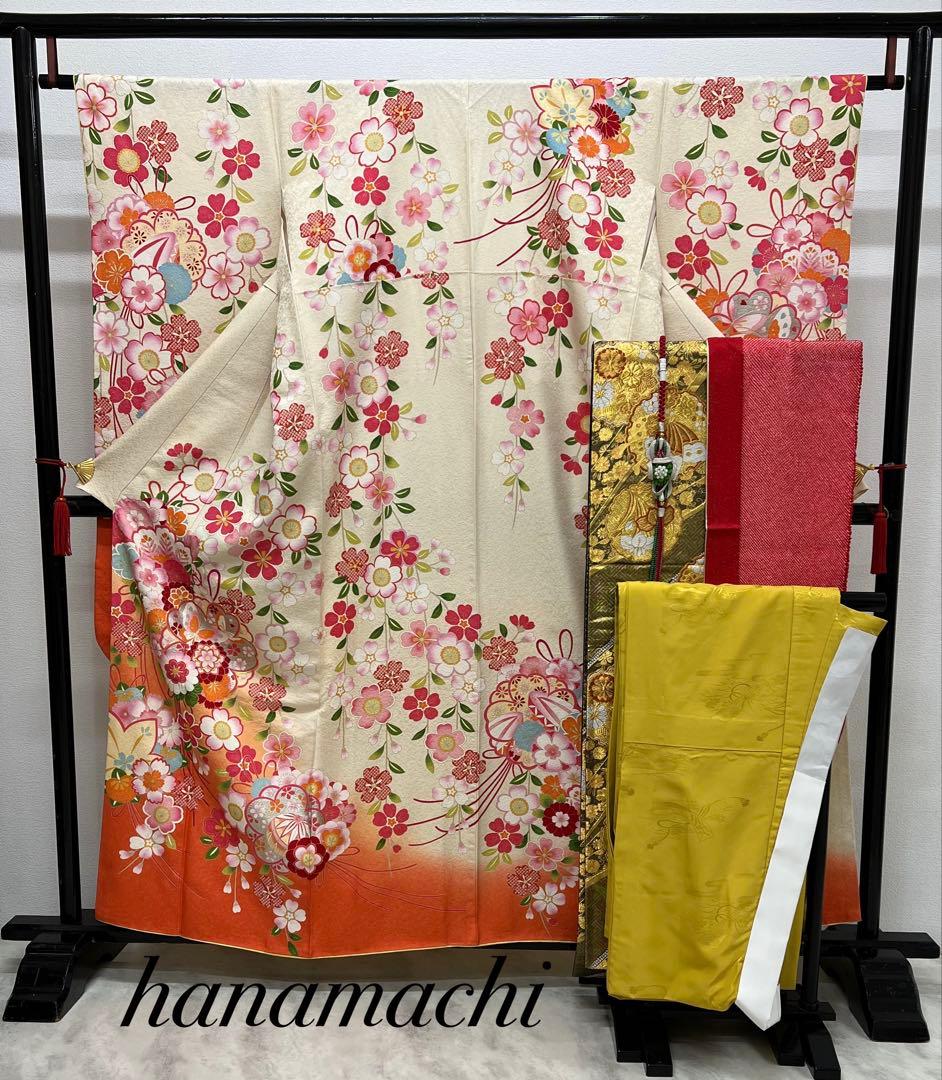 振り袖　フルセット　長襦袢付　枝垂れ桜　金彩加工　刺繍入り　銀通し　757