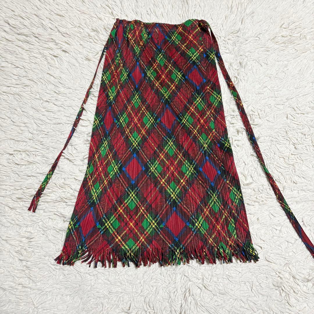 希少✨美品 PLEATS PLEASE 巻きスカート チェック柄 フリンジ L