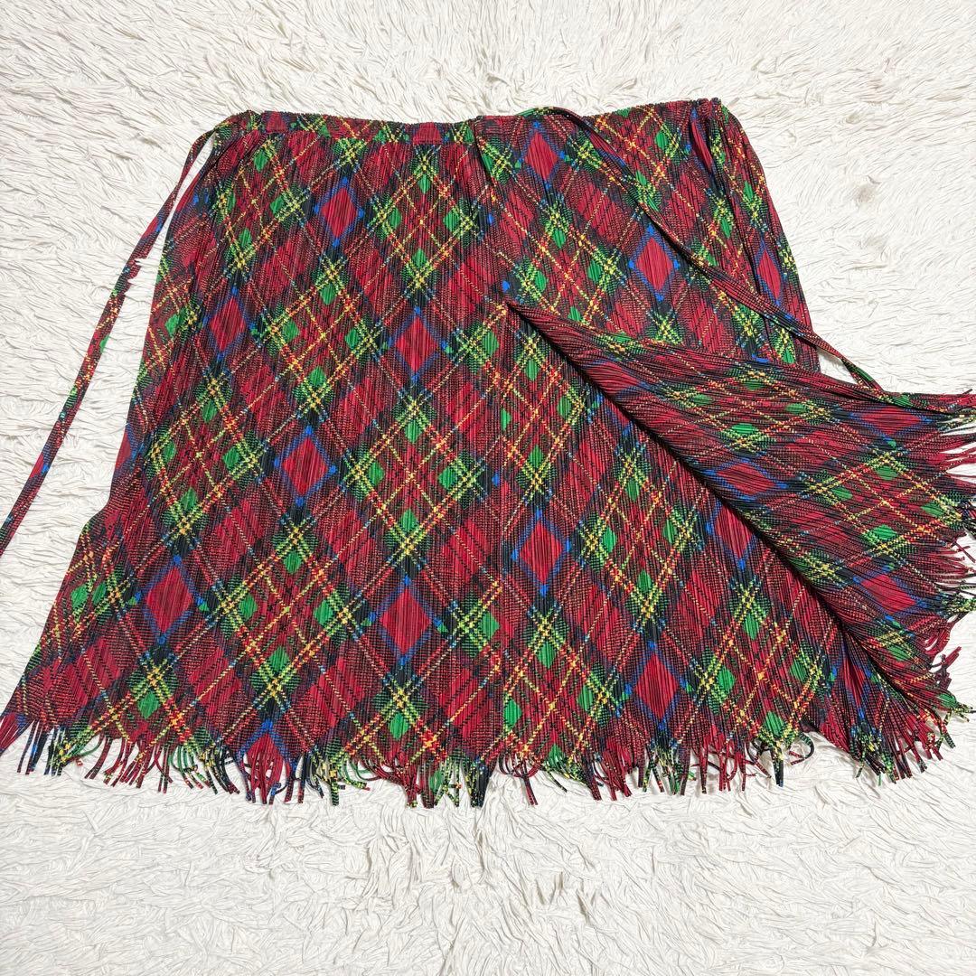 希少✨美品 PLEATS PLEASE 巻きスカート チェック柄 フリンジ L