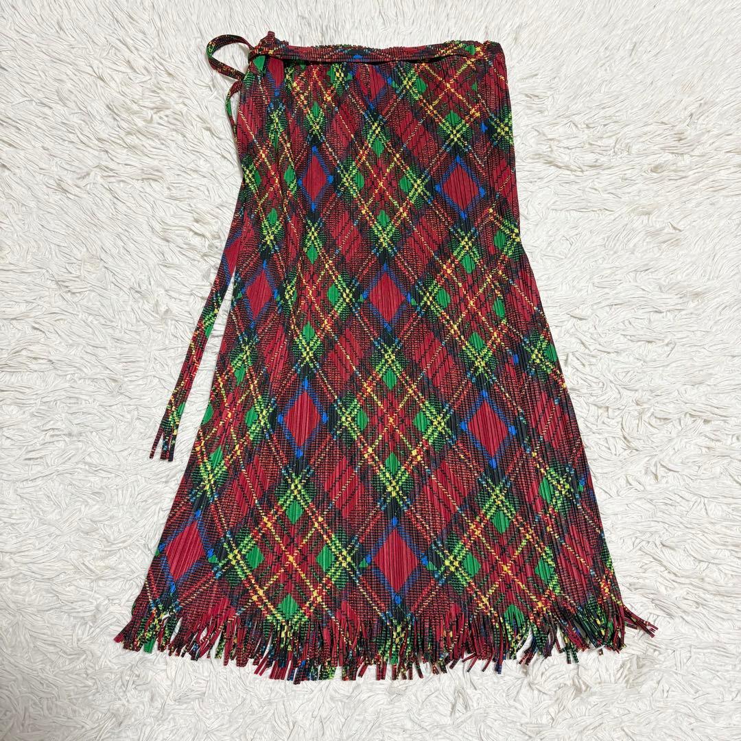 希少✨美品 PLEATS PLEASE 巻きスカート チェック柄 フリンジ L