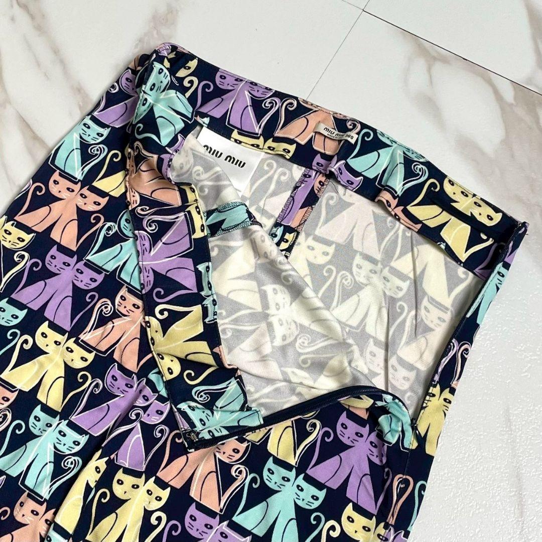 美品 猫 総柄●miu miu フレアパンツ ストレッチ 伸縮 マルチカラー S