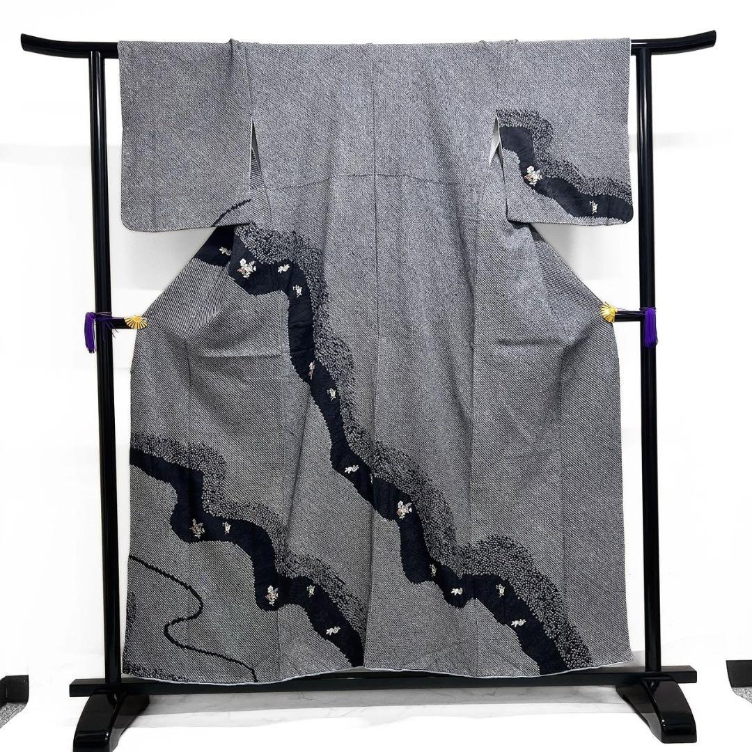 付け下げ　総絞り　刺繍　流水　花模様　花紗綾形地紋　紋無し　着物　103b d