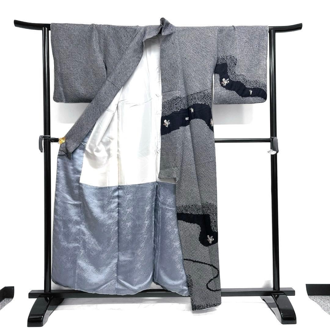 付け下げ　総絞り　刺繍　流水　花模様　花紗綾形地紋　紋無し　着物　103b d