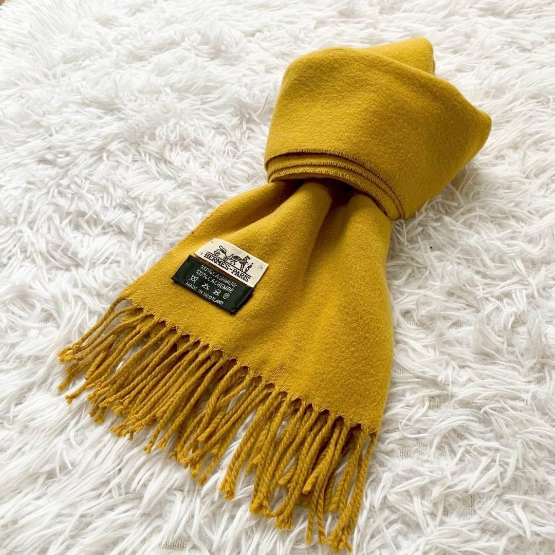 正規品　HERMES　エルメス　カシミヤ100%　ロゴ刺繍　マフラー　フリンジ
