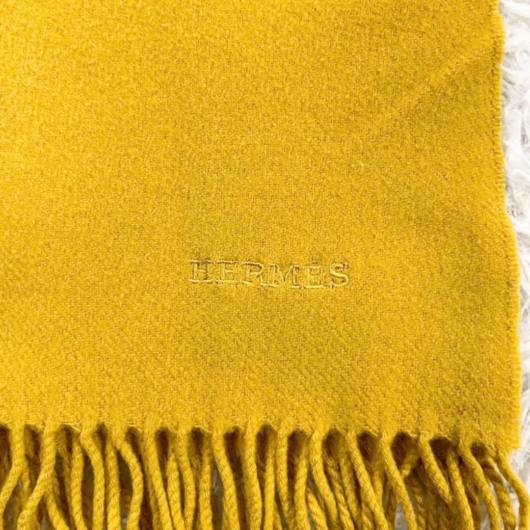 正規品　HERMES　エルメス　カシミヤ100%　ロゴ刺繍　マフラー　フリンジ