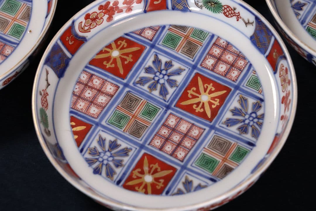 時代 大聖寺伊万里 奇玉宝鼎之珍 錦手小紋小皿 五客 12cm 色絵 MA407