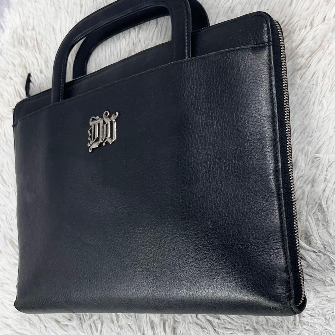 美品 ヴェルサーチ レザー ビジネスバッグ ロゴ型押し ファスナー ブラック