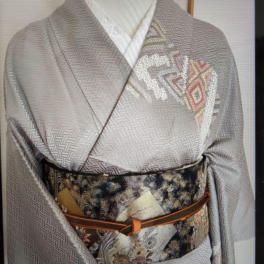 訪問着 身丈167cm 裄丈65.5cm M 袷 菱 幾何学 絞り金彩灰色正絹