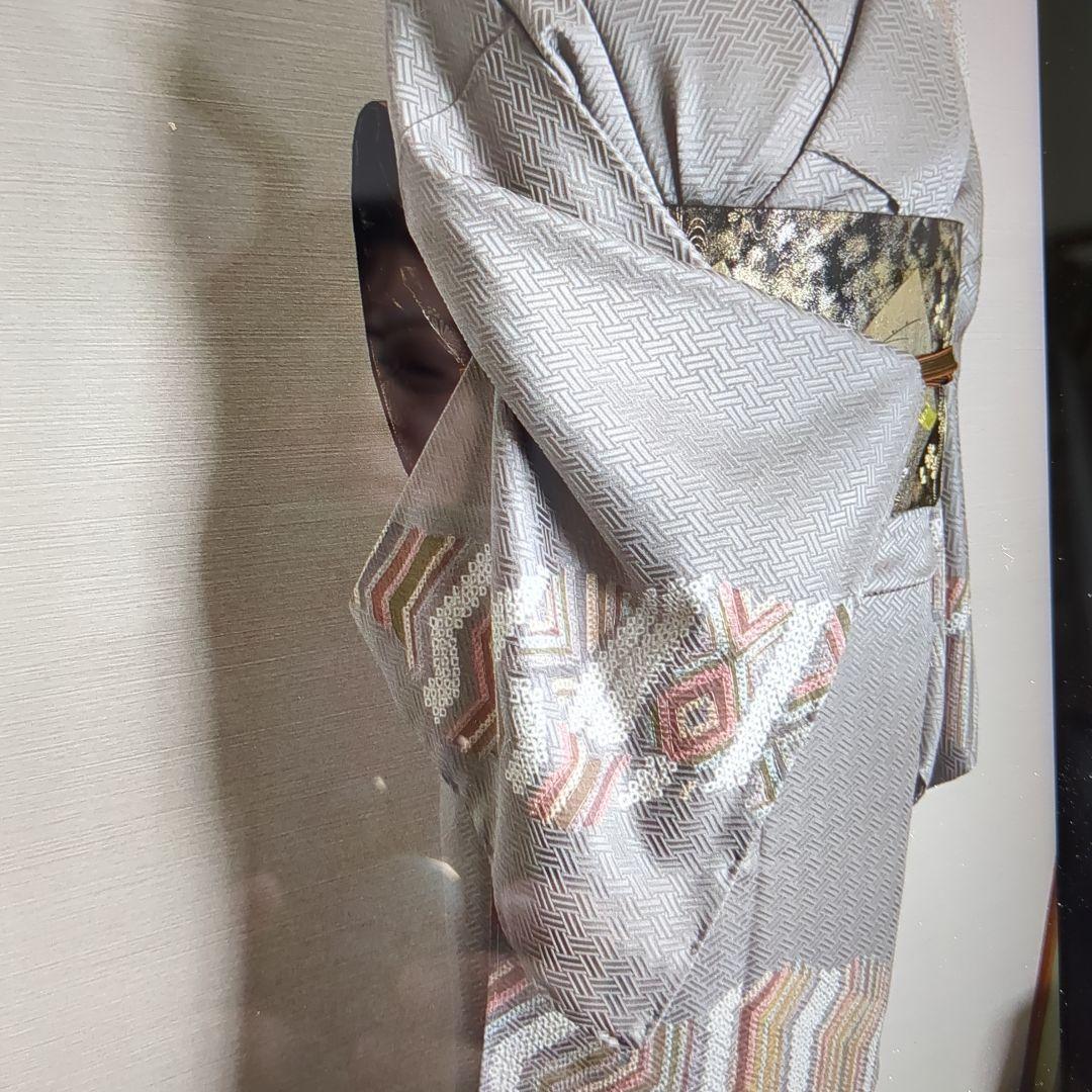 訪問着 身丈167cm 裄丈65.5cm M 袷 菱 幾何学 絞り金彩灰色正絹