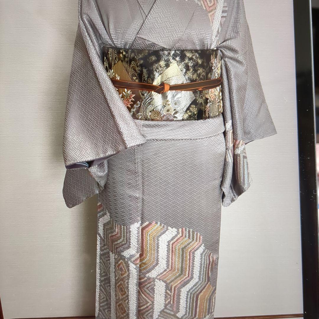 訪問着 身丈167cm 裄丈65.5cm M 袷 菱 幾何学 絞り金彩灰色正絹