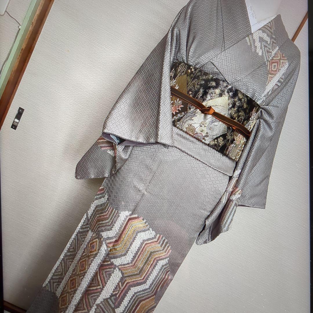 訪問着 身丈167cm 裄丈65.5cm M 袷 菱 幾何学 絞り金彩灰色正絹