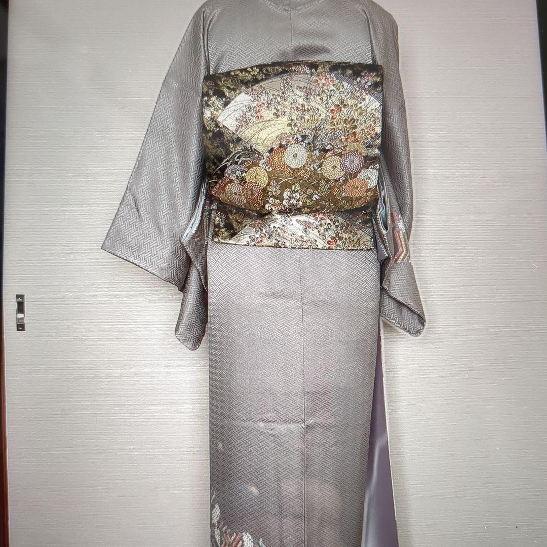 訪問着 身丈167cm 裄丈65.5cm M 袷 菱 幾何学 絞り金彩灰色正絹