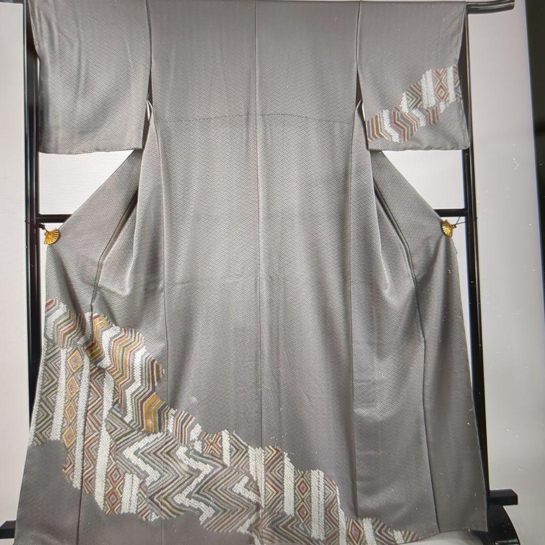 訪問着 身丈167cm 裄丈65.5cm M 袷 菱 幾何学 絞り金彩灰色正絹