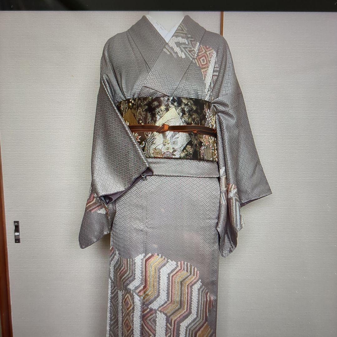 訪問着 身丈167cm 裄丈65.5cm M 袷 菱 幾何学 絞り金彩灰色正絹