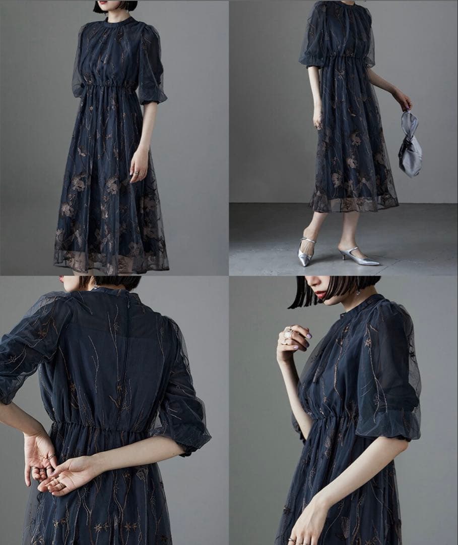 etoll. ネイビー エンブロイダリーレースドレス M