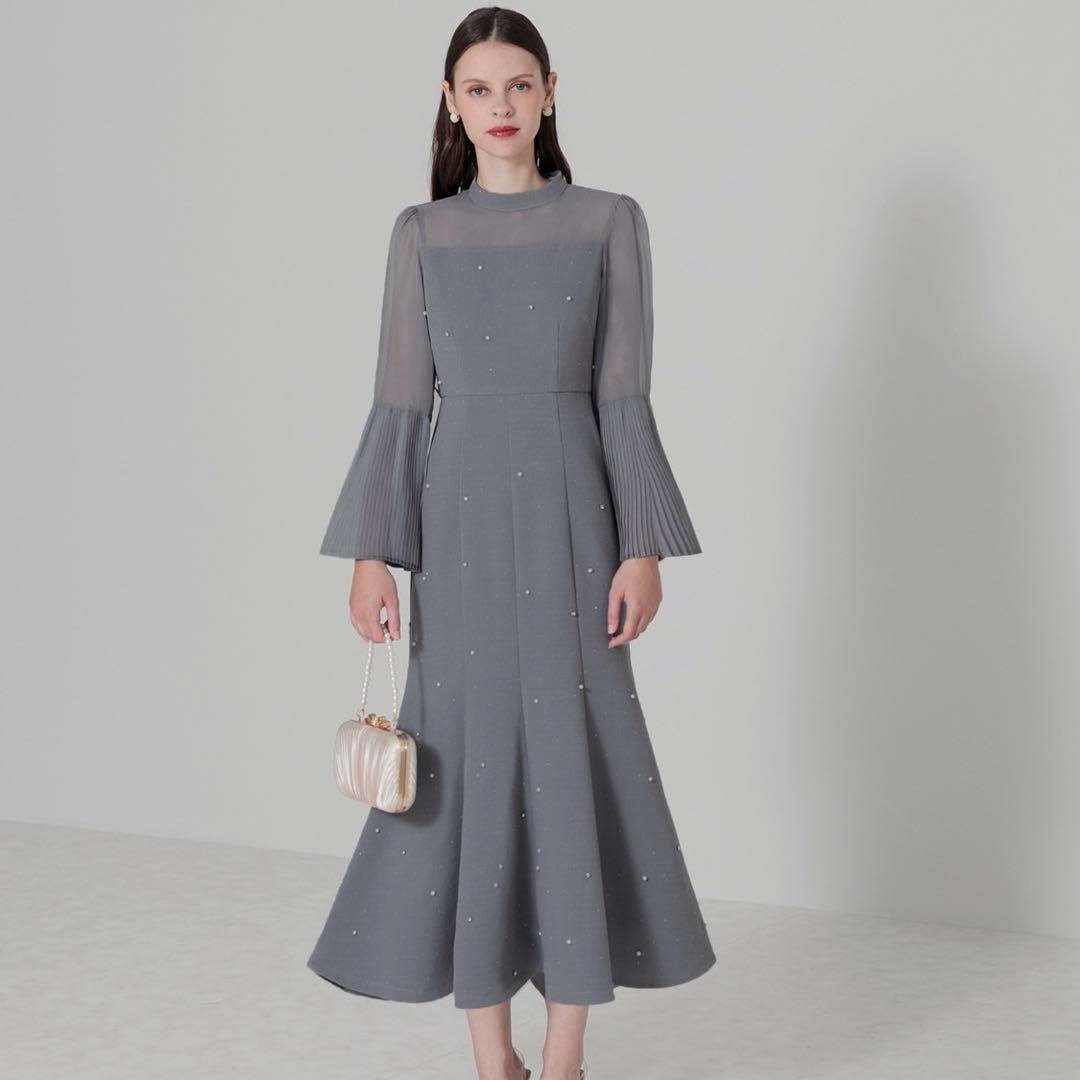 Leja パールビジュー付き透け感プリーツフレアスリーブビーズマーメイドドレス