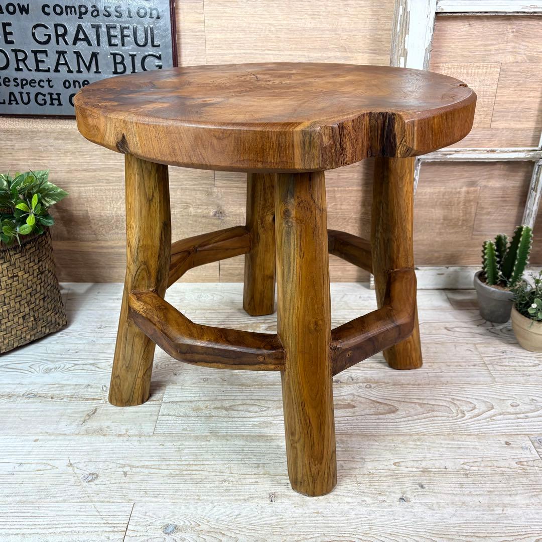 オールドチーク天然無垢材木製創作極太サイドテーブル L（直径54㎝）ウッド飾り台