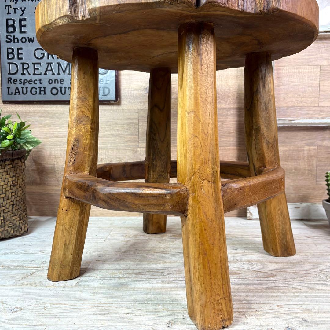 オールドチーク天然無垢材木製創作極太サイドテーブル L（直径54㎝）ウッド飾り台